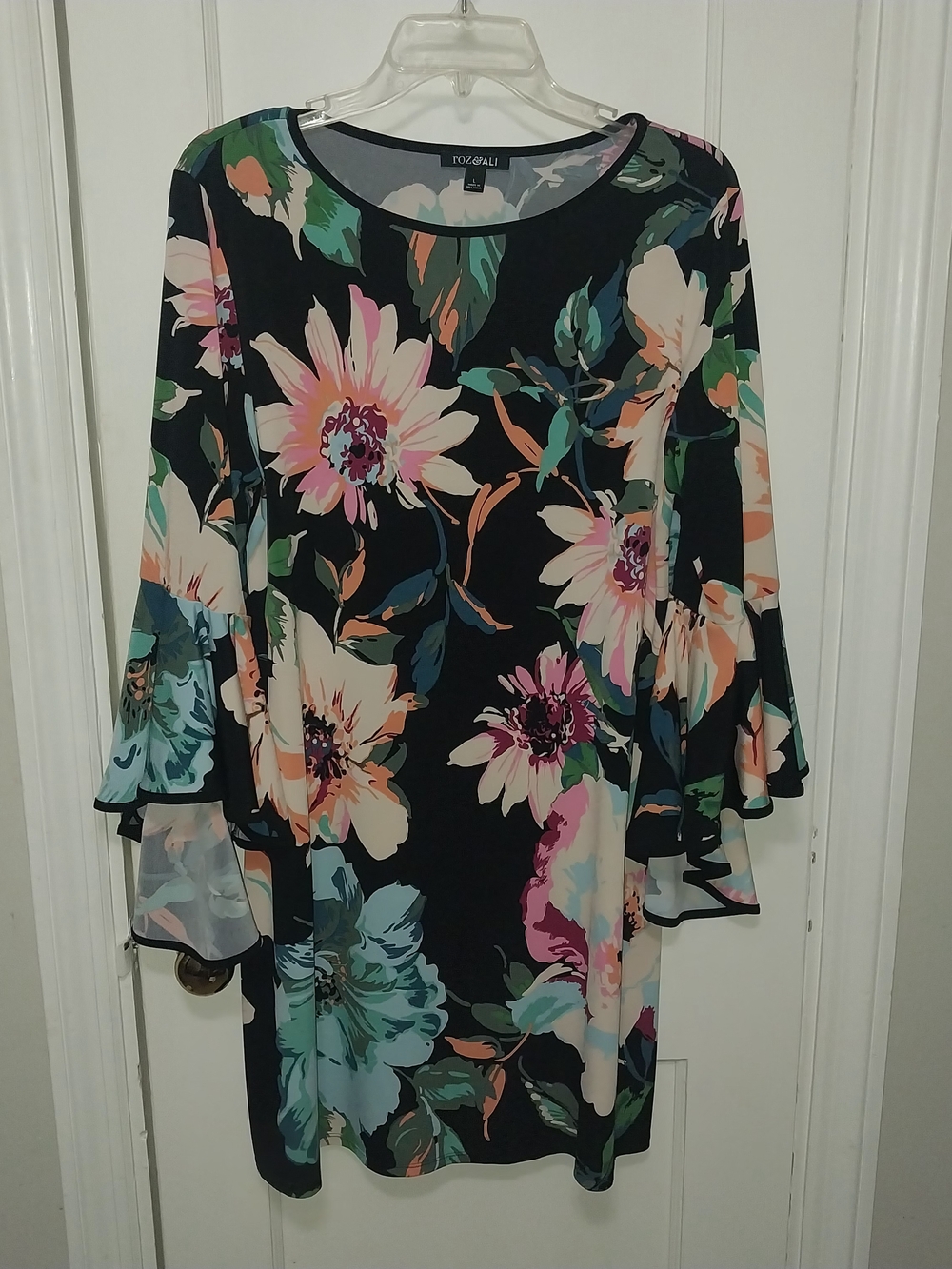 Roz & Ali Black Floral Bell-Sleeve Shift Dress with Pink, Green and Cream Blooms
